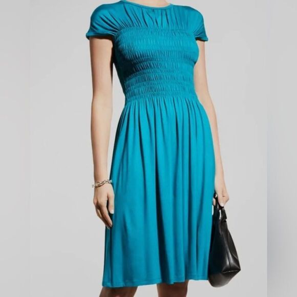 Trina Turk Small Blue Entertain Smocked Knee-Length Dress